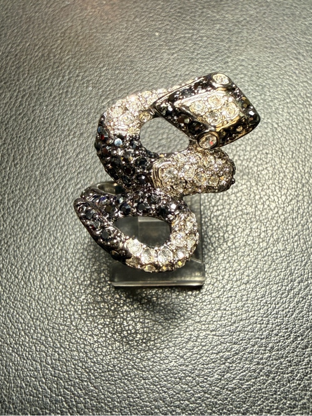 Vintage KJL Kenneth Jay Lane Black/Clear Snake Rhinestone Gunmetal Ring Size 7.5